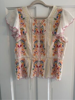 Antik Batik Ania Top Cream Embroidered Flutter Sleeve Peplum 42 L
